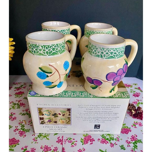 Alco Belaggio 4 mugs, NEW, ceramic, mug set, 20 OZ, decorated w fruit/flowers - Picture 8 of 13